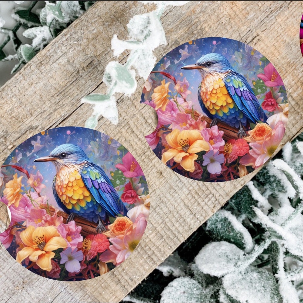 Handmade Blue Bird Car Coasters | New Set Of Two Sublimated Car Coasters